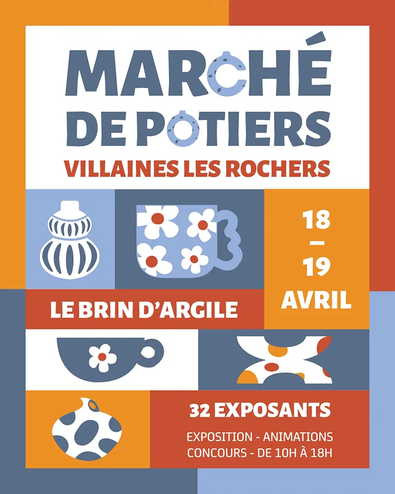 Marché de potiers à Villaines-les-Rochers, ambiance conviviale et artisanat local, le 18-19 avril.