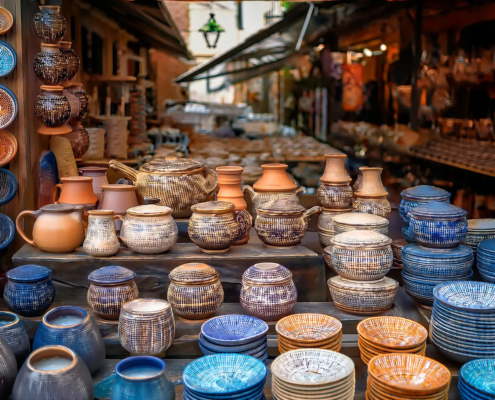 Etalage de poteries artisanales dans un marché.