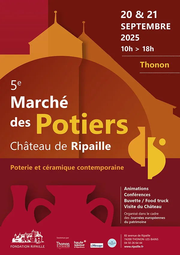 Affiche du 5e Marché des Potiers au Château de Ripaille à Thonon, célébrant l'art de la poterie contemporaine.