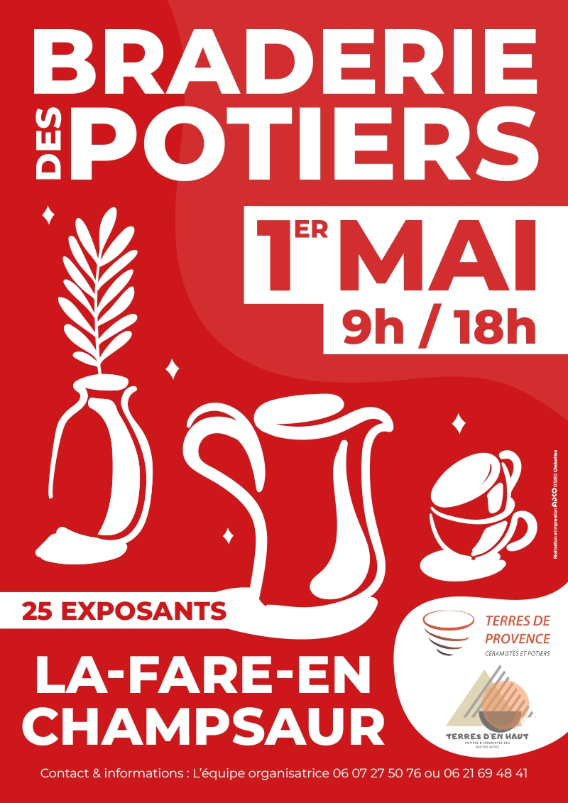 Affiche colorée pour la braderie des potiers à La-Fare-en-Champsaur, mettant en avant l'artisanat local et convivial.