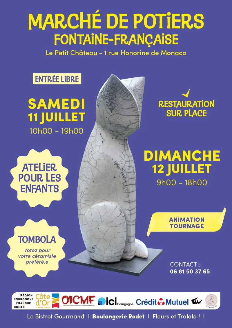Marché de potiers à Fontaine-Française : ambiance conviviale, artisans locaux, créations céramiques et animations pour enfants.