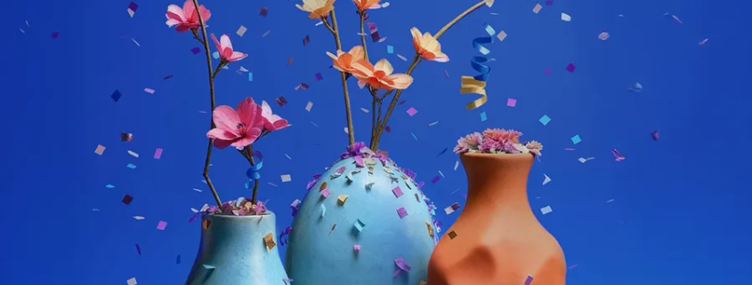 Vases colorés en céramique artisanale, décorés de fleurs, créant une ambiance festive et joyeuse.