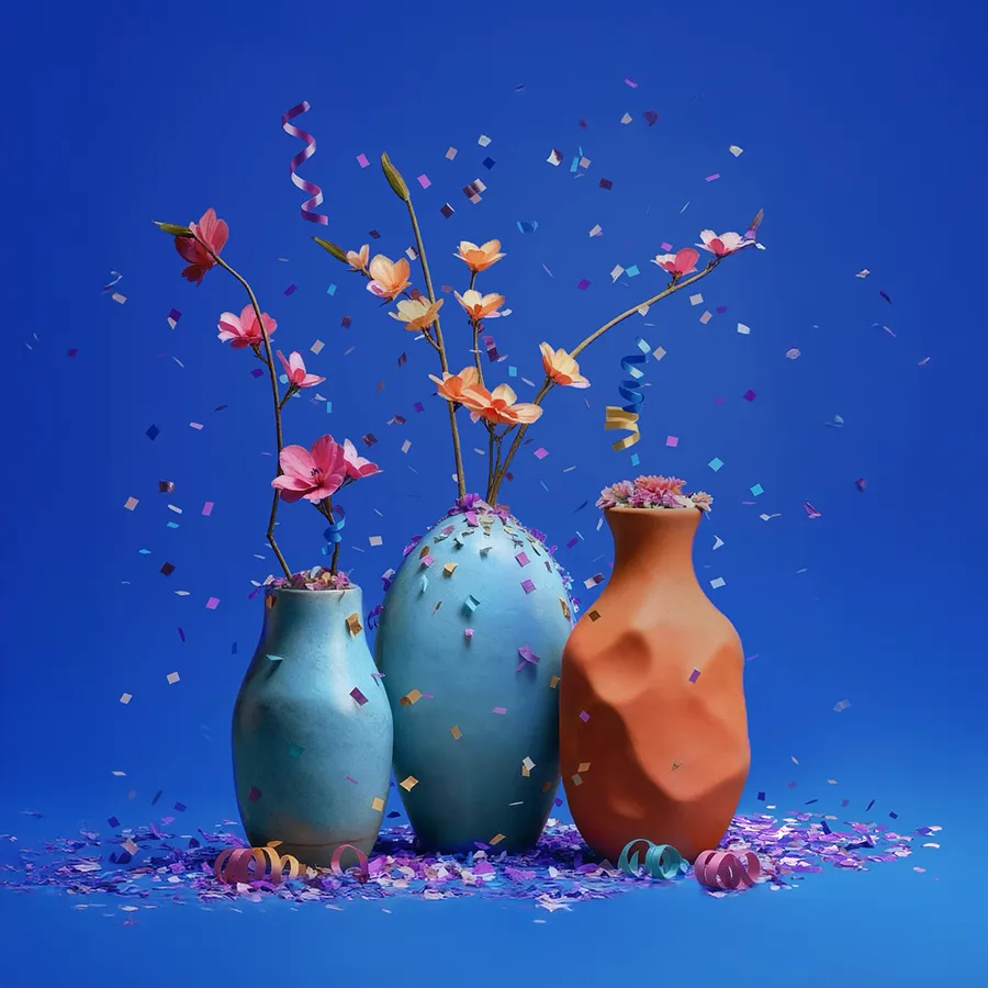 Vases colorés en céramique artisanale, décorés de fleurs, créant une ambiance festive et joyeuse.