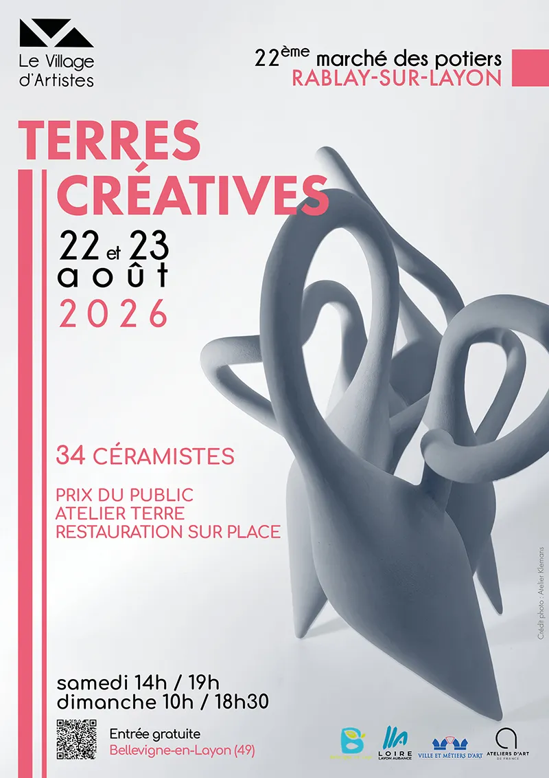 **Attribut alt** : Affiche du 22ème marché des potiers à Rablay-sur-Layon, mettant en avant l'artisanat céramique et la créativité.
