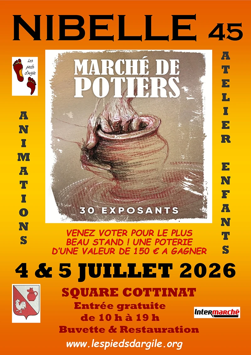 Affiche du marché de potiers à Nibelle, festival convivial célébrant l'artisanat local et la poterie.