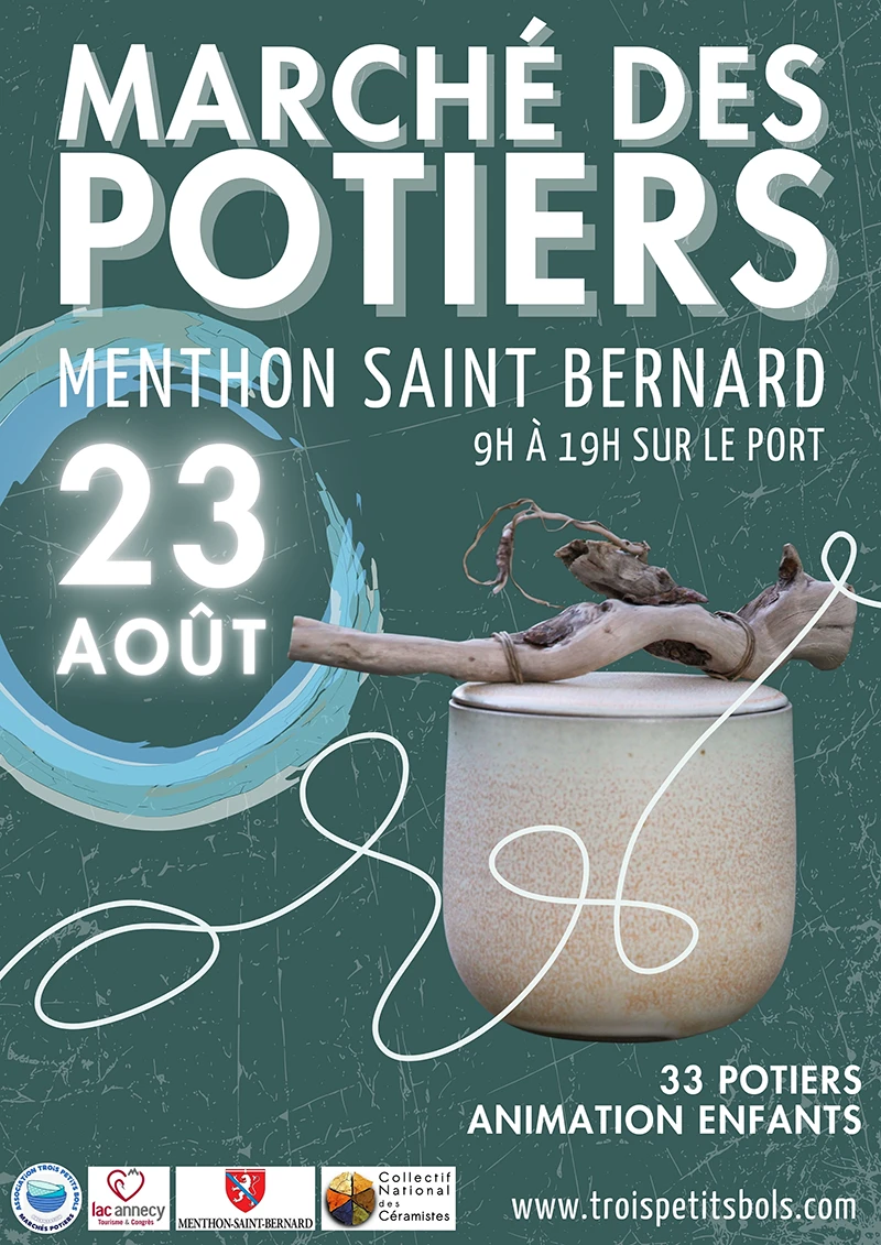 Affiche du marché des potiers à Menthon Saint Bernard, célébrant l'artisanat local et la poterie.