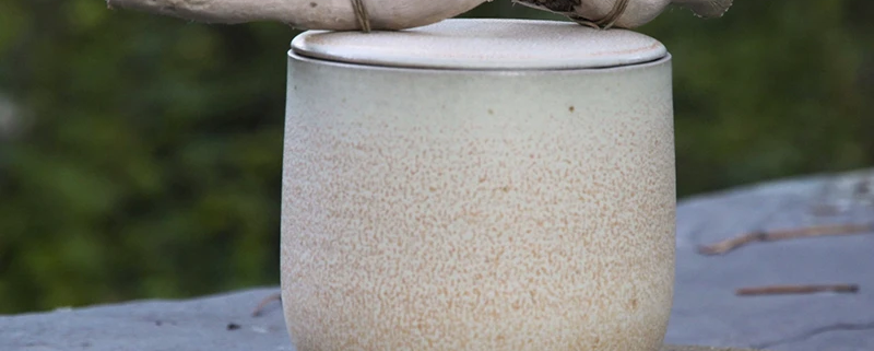 Récipient en céramique artisanale, émaillé aux teintes naturelles, avec une touche organique grâce à une branche décorative.