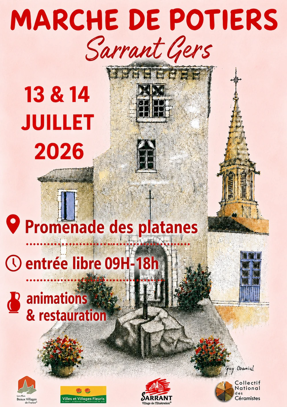 Marché de potiers à Sarrant, Gers, ambiance conviviale, animations et artisanat local sur la promenade des platanes.