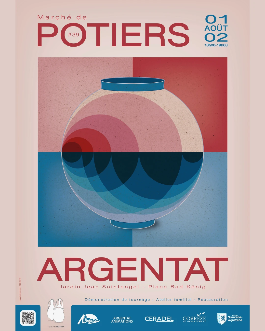 Affiche du marché de potiers à Argentat, mettant en avant un vase stylisé et coloré, ambiance conviviale et artisanat local.