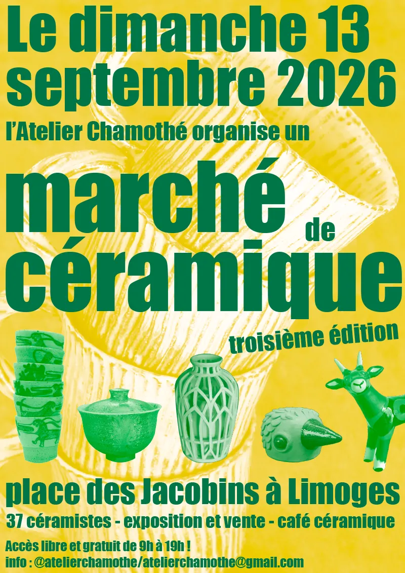 Marché convivial de céramique à Limoges, avec des créations artisanales et une ambiance festive. Exposition unique le 13 septembre.